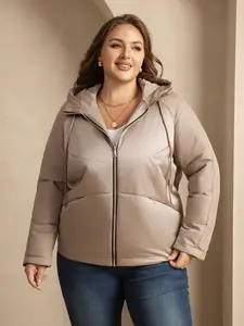 Plus Size Winter Casual Solid Color Drawstring Hooded Cotton Jacket Coat, Women's Warm Outerwear for Fall & Winter Seasons