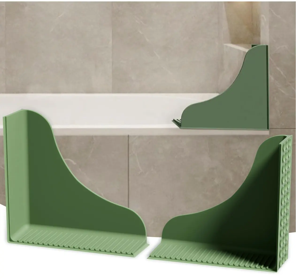 Roslim 2-Pack All-Silicone Shower Splash Guard, Bath Tub Corner Water Blocker with Strong Suction Cups, Reusable & No Sticky Adhesive, for a Secure Seal & Easy Removal, One-Piece Design, Olive Green