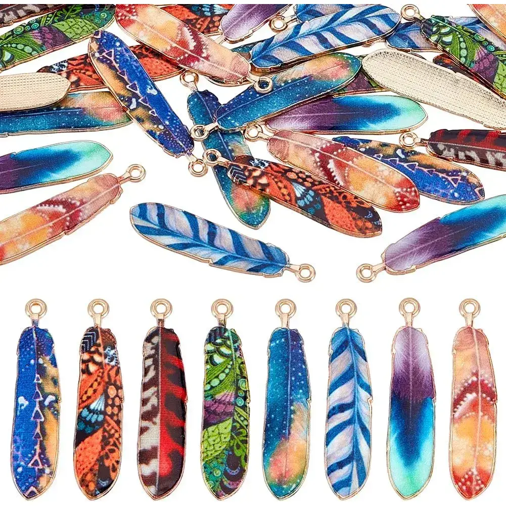 32Pcs Feather Charms, 8 Colors 1.5 inch Enamel Feather Pendants Native American Charms Bohemian Wing Charm Plumage Charm for Earrings Dreamer Catcher Necklace Bracelet Jewelry Macrame