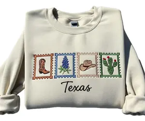 Embroidered Texas Bluebonnets Postage Stamp , Texas Crewneck, Vintage Texas Shirt, Embroidered Flower , Texas State Sweater