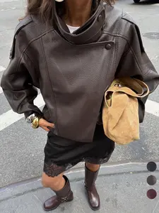 Women's Autumn Winter Simple Versatile Alligator Texture Faux Leather Jacket, Stand Collar Asymmetrical Long Sleeve Coat, Street Motorcycle Style Loose Fit Outerwear