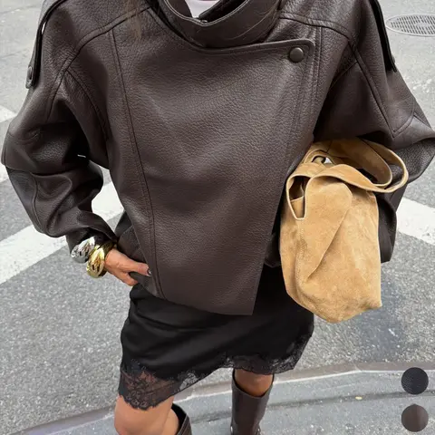 Women's Autumn Winter Simple Versatile Alligator Texture Faux Leather Jacket, Stand Collar Asymmetrical Long Sleeve Coat, Street Motorcycle Style Loose Fit