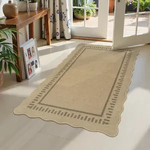 Scalloped Washable 3x5 Outdoor Rug, Easy Jute Tan Rugs for Entryway Bedroom, Indoor Outdoor Non Slip Farmhouse Rugs for Patio Living Room, Geometric Carpet Front Door Mat for Porch Kitchen