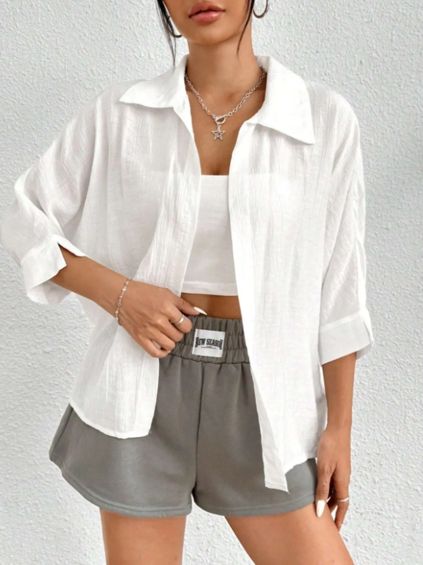 Spring Solid Batwing Sleeve Shirt, Blouse, Three-Quarter Sleeve Top, Casual Wear, Everyday, Loose, Fit, Lightweight Fabric, Perfect for Daily Use