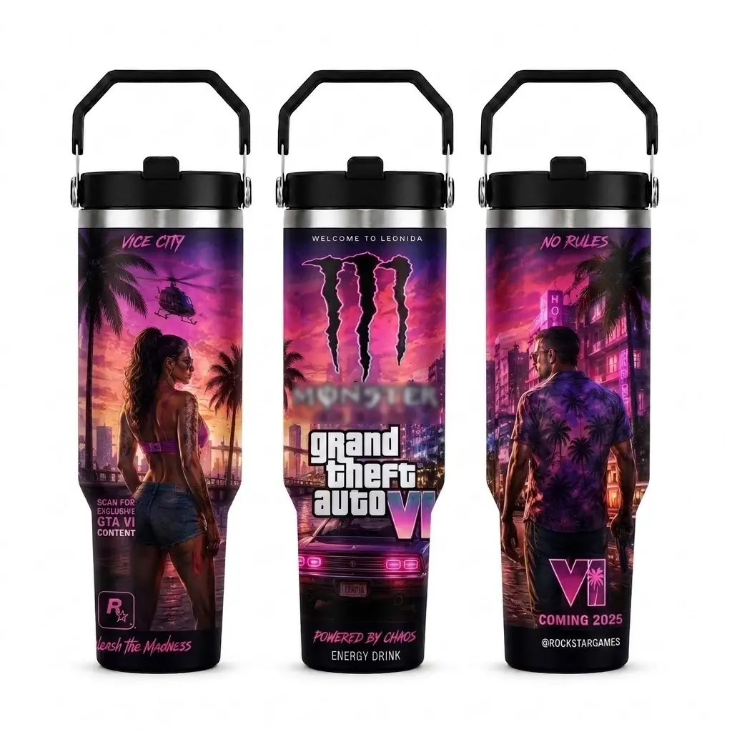 Jason Duval Lucia Caminos x Energy Drink Edition 40oz/ 30oz/ 20oz Stainless Steel Tumbler With Handle and Straw | Stainless Steel Travel Cup | Gift for Energy Drink Fans