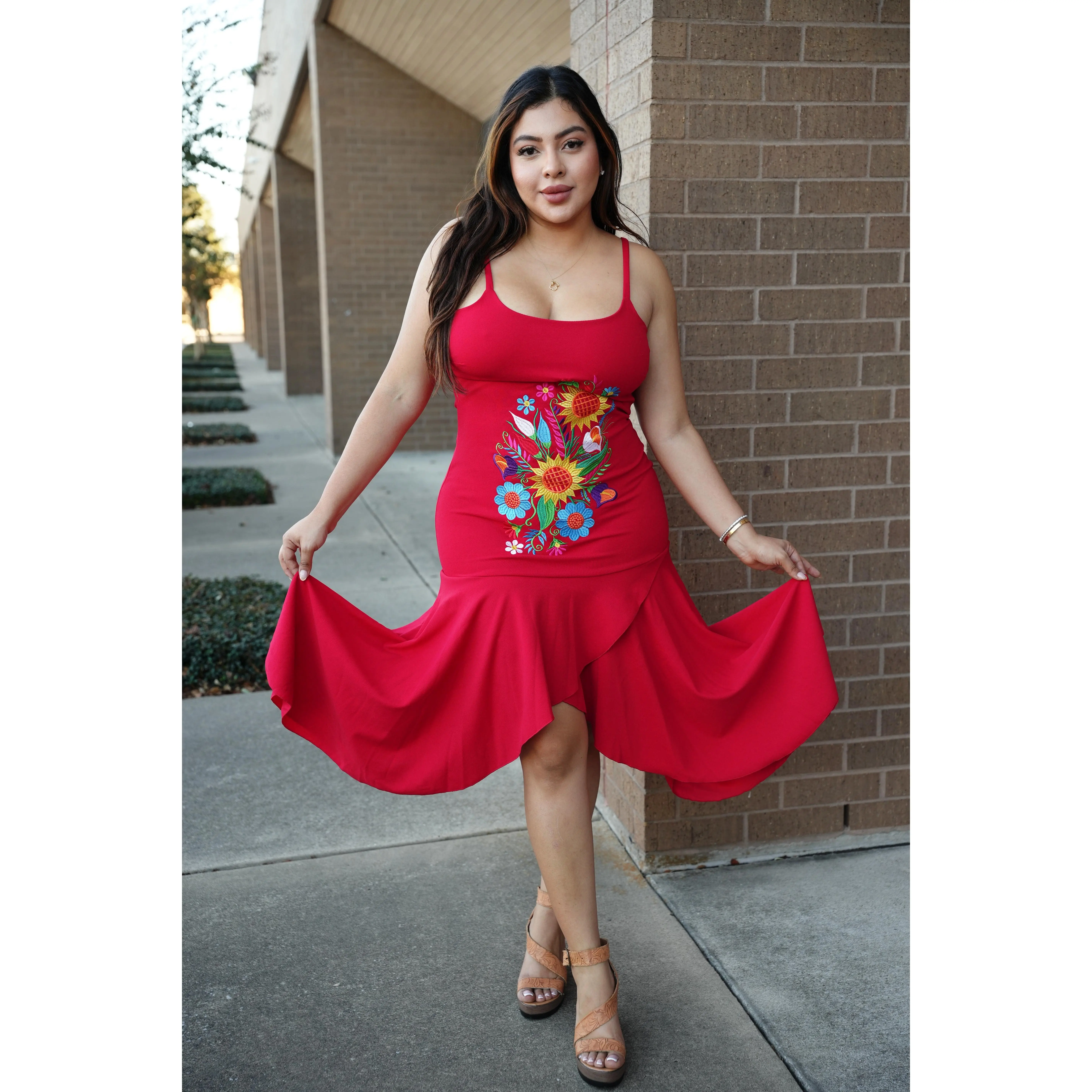 La Madrina Dress Red Casual Embroidered Floral Design for Summer Womenswear