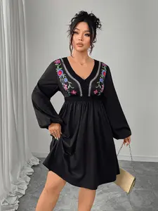 Elegant Embroidered Plus Size Women's Casual Fitted Floral Dress, Fashionable for Dating, Work, Parties, Any Occasion