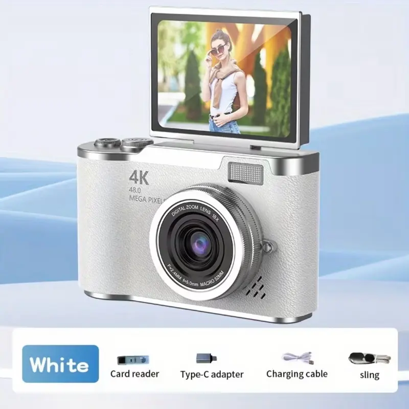 4K Digital Camera, 48MP Autofocus Camera with Flip Screen, 18X Zoom, Back to School Camera for Students & Beginners