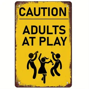 1pc Vintage Metal Tin Sign Wall Decoration- 8inchx12inch Vintage Humor "Attention Adults Are Playing" Warning Sign, with Distressed Edges, Durable Hanging Wall Art Decoration, Suitable for Home, Garage, and for Man Cave Decoration, Metal Wall Decora