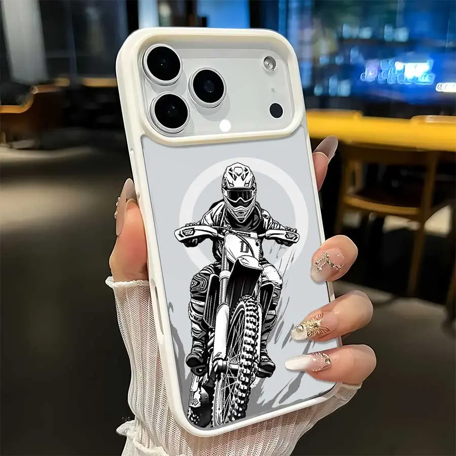 Full Wrap TPU Shell Magnetic Phone Case with White Frame & Magnetic Ring, High Print Off-road Motorcycle Rider Art on Light Base, Wireless Charger Compatible All-match iPhone Series Case for 17 Pro Max,16,16 Plus,15,14,13,12 - Ideal Birthday, Holiday Gift