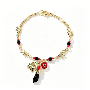 Bracelet 14K Gold Plated Elephant Evil Eye Protection Bracelets Aujustable Anklets Bohemian Boho Style Finger Cross Hypoallergenic Lucky Bracelet Fashion Accessories for Women Ideal Gift