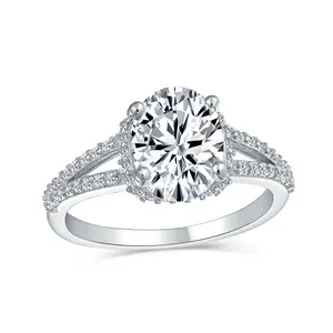 Classic 3CTW Cubic Zirconia Halo Solitaire Oval Engagement Ring CZ Split Shank Band Sterling Silver