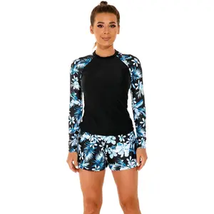 Women's Long Sleeves Rash Guard Athletic Swim Aztec Tankini Sets Swimsuit