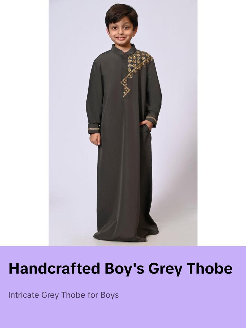 Handcrafted Elegance: Traditional Boy's  Grey  Thobe with Intricate Details - Final Sale