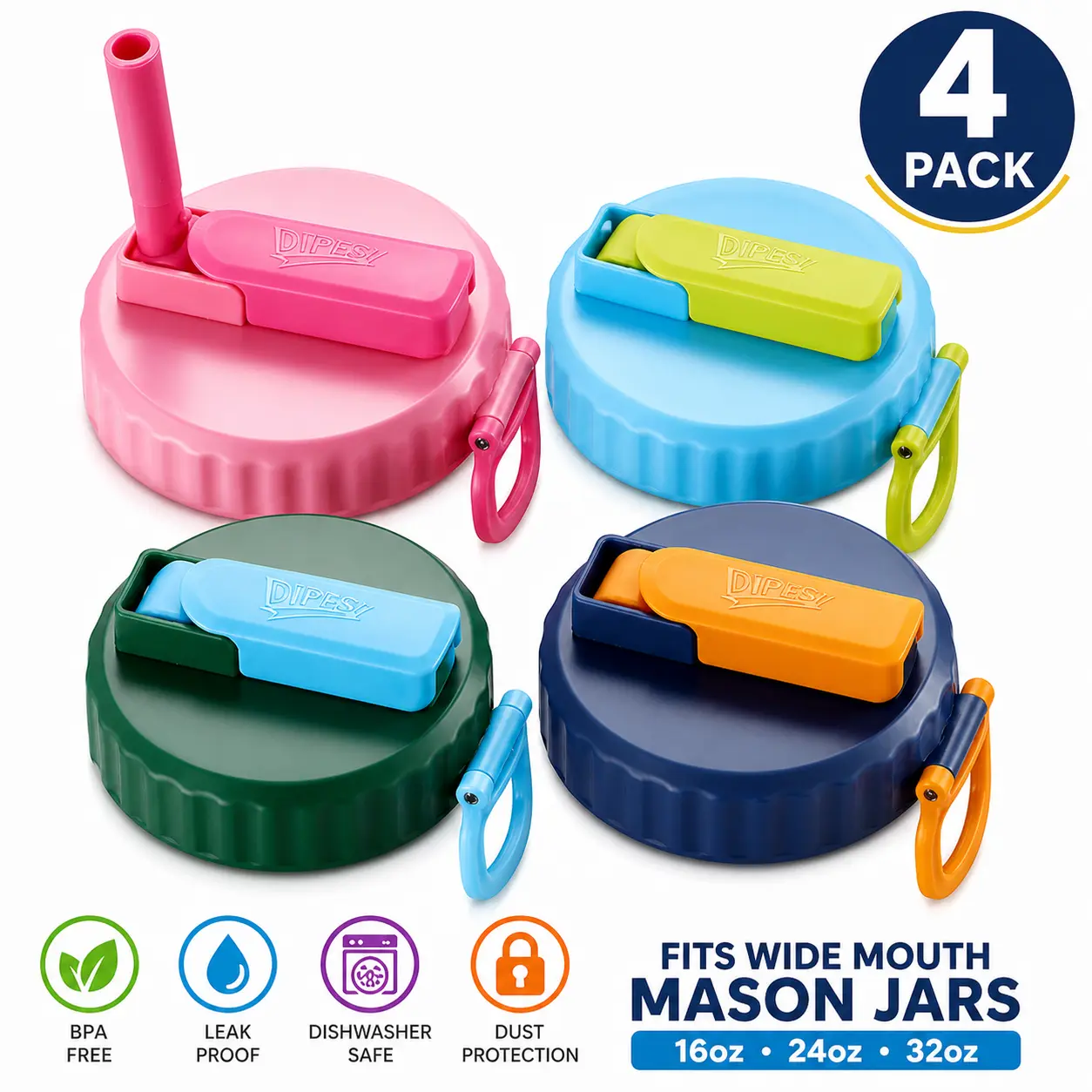 DIPESI 4-Pack Wide-Neck Mason Jar Locking Lids with Straw Spout, Leak-Proof Flip-Top Silicone Lids, BPA-Free, Compatible with 16oz-32oz Ball and Kerr Jars, Locking Lid, Silicone Lid