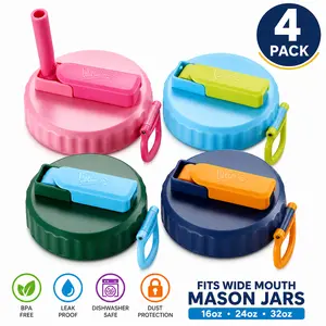 DIPESI 4-Pack Wide-Neck Mason Jar Locking Lids with Straw Spout, Leak-Proof Flip-Top Silicone Lids, BPA-Free, Compatible with 16oz-32oz Ball and Kerr Jars, Locking Lid, Silicone Lid