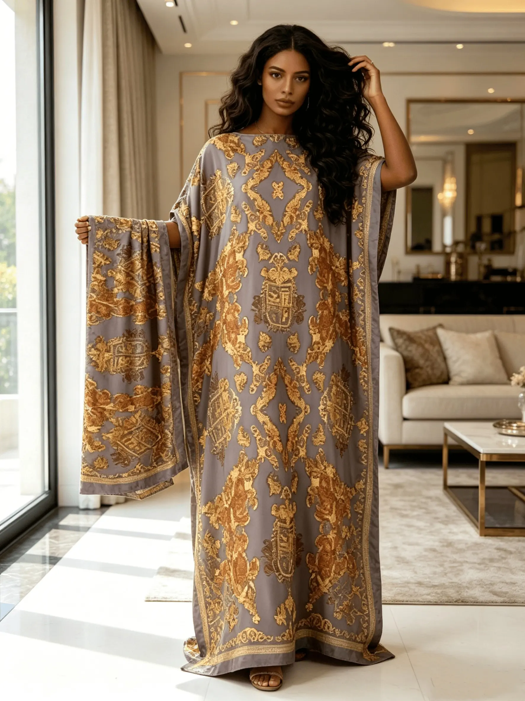 2026 New Women's 2 Piece Grey & Gold Baroque Print Bohemian Kaftan Maxi Dress with Matching Scarf, Silky Smooth Loose Pleated Robe, Plus Size Friendly, Summer Beach Cover Up, Resort Vacation, Evening Party & Casual Wear, Womenswear