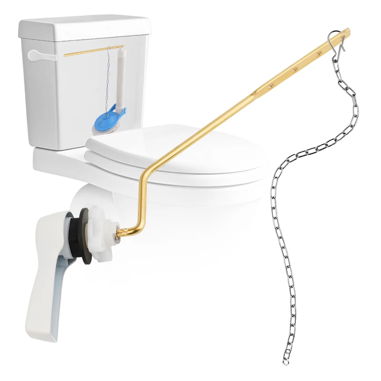 Hibbent Universal Metal Side Mount Toilet Handle Replacement Kit, White Solid Brass Toilet Flush Tank Lever with Stainless Steel Adjustable Flapper Chains, Side Tank Toilet Handle for Most Toilets