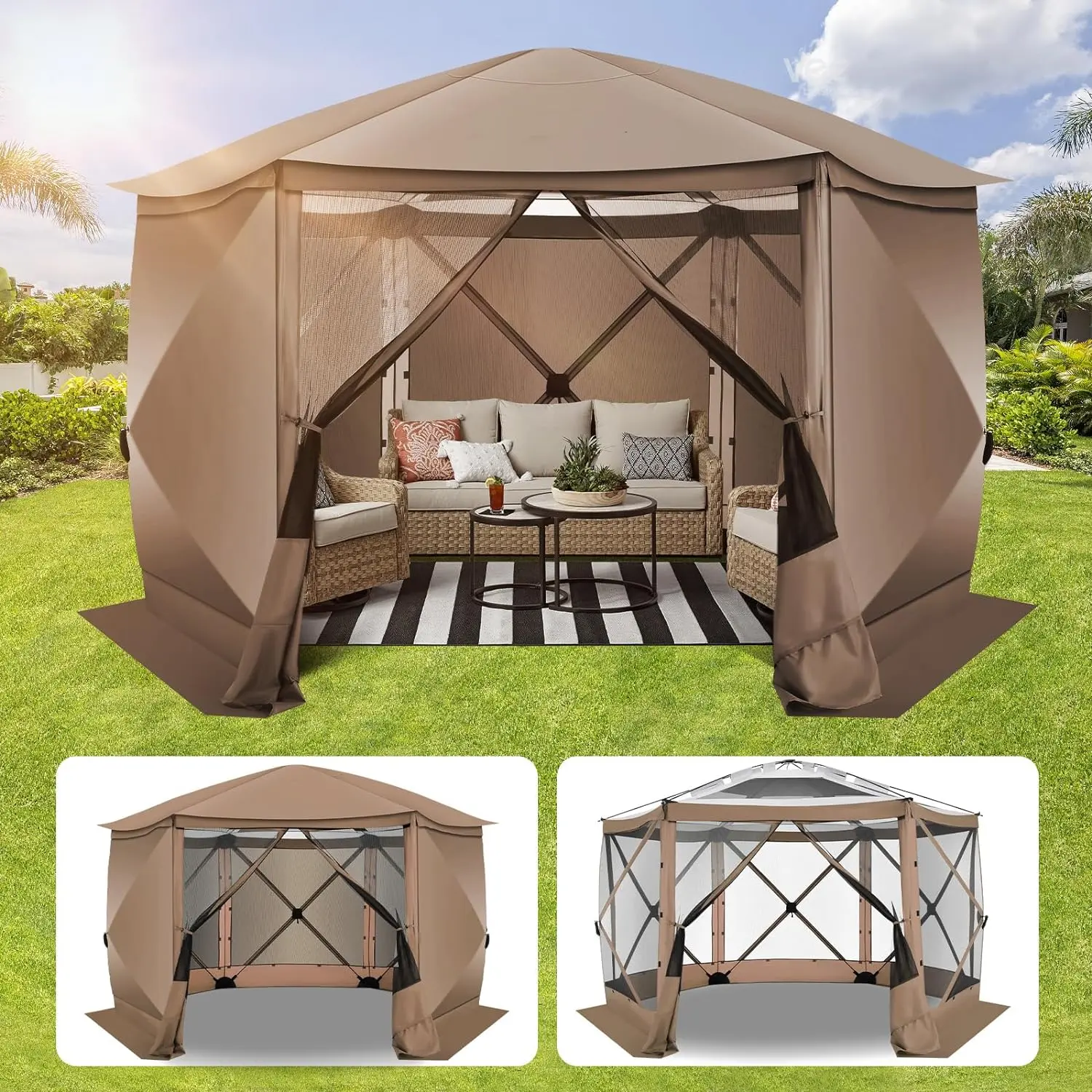 COBIZI 12x12 Pop Up Gazebo Screen Tent with Mosquito Netting & Removable Sidewalls, Beach & Outdoor Shade Canopy with 99% UV Protection for Camping, Mosquito Netting Keeps Bugs Outside, Beach Shade Canopy, Removable Canopy