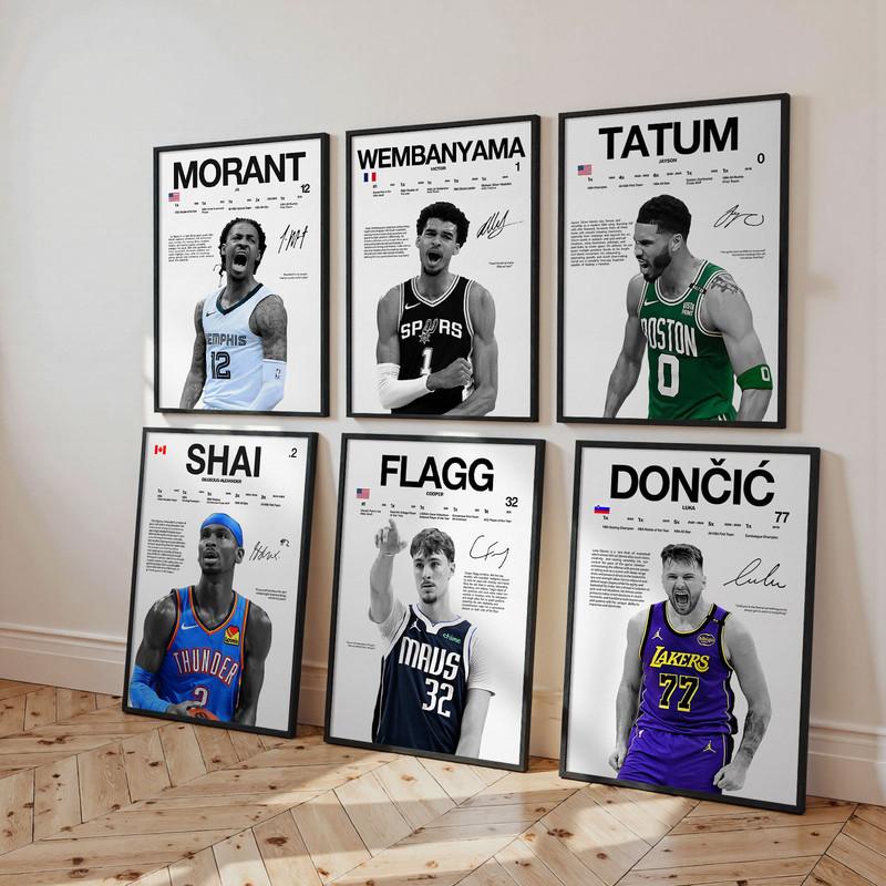 Luka Doncic, Tatum, SGA, Flagg, Morant, Wembanyama Canvas Print Posters, Rising Stars, Autographed Player Career Posters, Home Decor