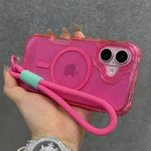 Glitter Transparent Magnetic For Magsafe Wrist Strap Case For iPhone 16 15 14 13 12 11 16 Pro Max Lanyard Shockproof Armor Cover