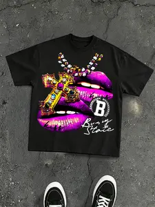 Men's Gothic Style Lip Gem Cross Print T-Shirt, Loose-Fit Short Sleeve Casual Top, Trendy High Street Fashion Tee