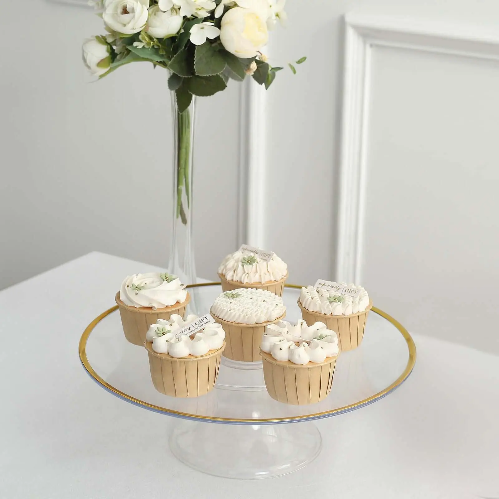 2-Pack Plastic Pedestal Cake Stands 12" Clear with Gold Rim - Disposable Cupcake Dessert Display Riser for Classy Wedding Party & Event Decor