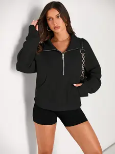Women's Solid Zip Up Thermal Lined Sporty Sweatshirt, Sporty Long Sleeve Kangaroo Pocket Pullover for Fall & Winter, Women's Sportswear for Indoor Outdoor Wear, Athletic Training Apparel, Athleisure Breathable Clothes, Athletic Top