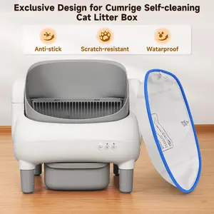 Self-Cleaning Cat Litter Box Liners, Waterproof Leak-Proof Replacement Pads, Sturdy Waste Bags for Automatic Litter Boxes, White with Blue Trim, 14.96 x 11.81 Inches, 2 Pack