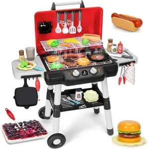 Play Kitchen Toys, Kids Grill Playset with Smoke Sound Light, 2-Layer Barbecue Toy with Wheels, Outdoor Play Food Toys Cooking Set for Toddlers 3-5, Birthday for Boys Girls