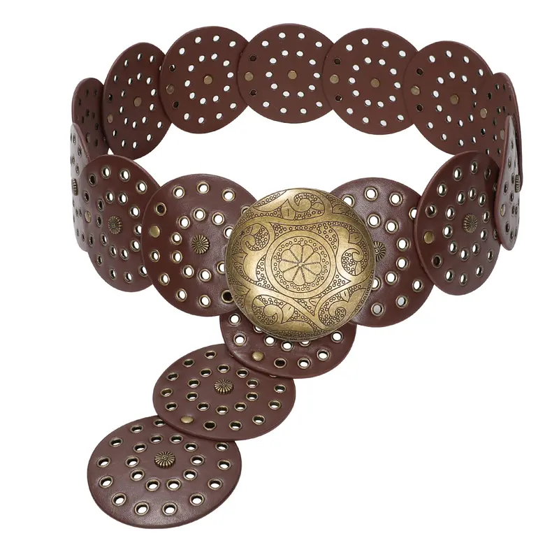 Brown Boho Western 90\'s Circle Conch Belt with Metal Accents BAOKELAN Wide Disc Belts for Women Concho Leather Disk Link  main image 3