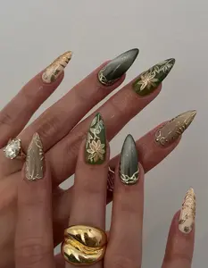 Nail Karma - Olive Garden Almond Press On Nails | Olive Green & Gold Nail Art | Handpainted Floral Nature Nails | Elegant Matte 3D Nails
