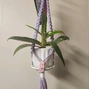 Pink and Purple Flat-Style Macrame Plant Hanger with Gold Accents for 2 Inch Pots Decorative Home Use, Window Decor