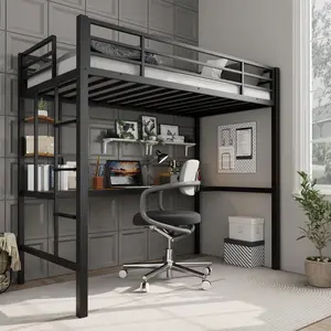 Twin Loft Bed Frames with Desk & Storage Shelves – Heavy Duty Metal Loft Bed with Safety Guardrail, Ladder & Steel Slat Support, Space-Saving Design