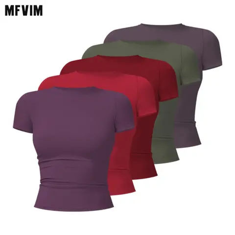 Women's 22% Elastane Plain Slim-Fit Stretch Short-Sleeve Crew Neck Athletic Gym Shirt - Casual Cold Wash Gym Clothes Women for Running