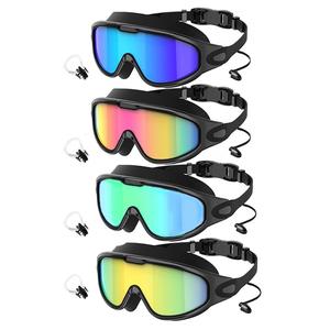 4 Pack Swimming Goggles Set, 4 PCS Adult Large Frame Swim Glasses Pool Goggles with Nose Clip and Earplugs, Unisex UV Protection Waterproof Anti-Fog, Swimming Accessories