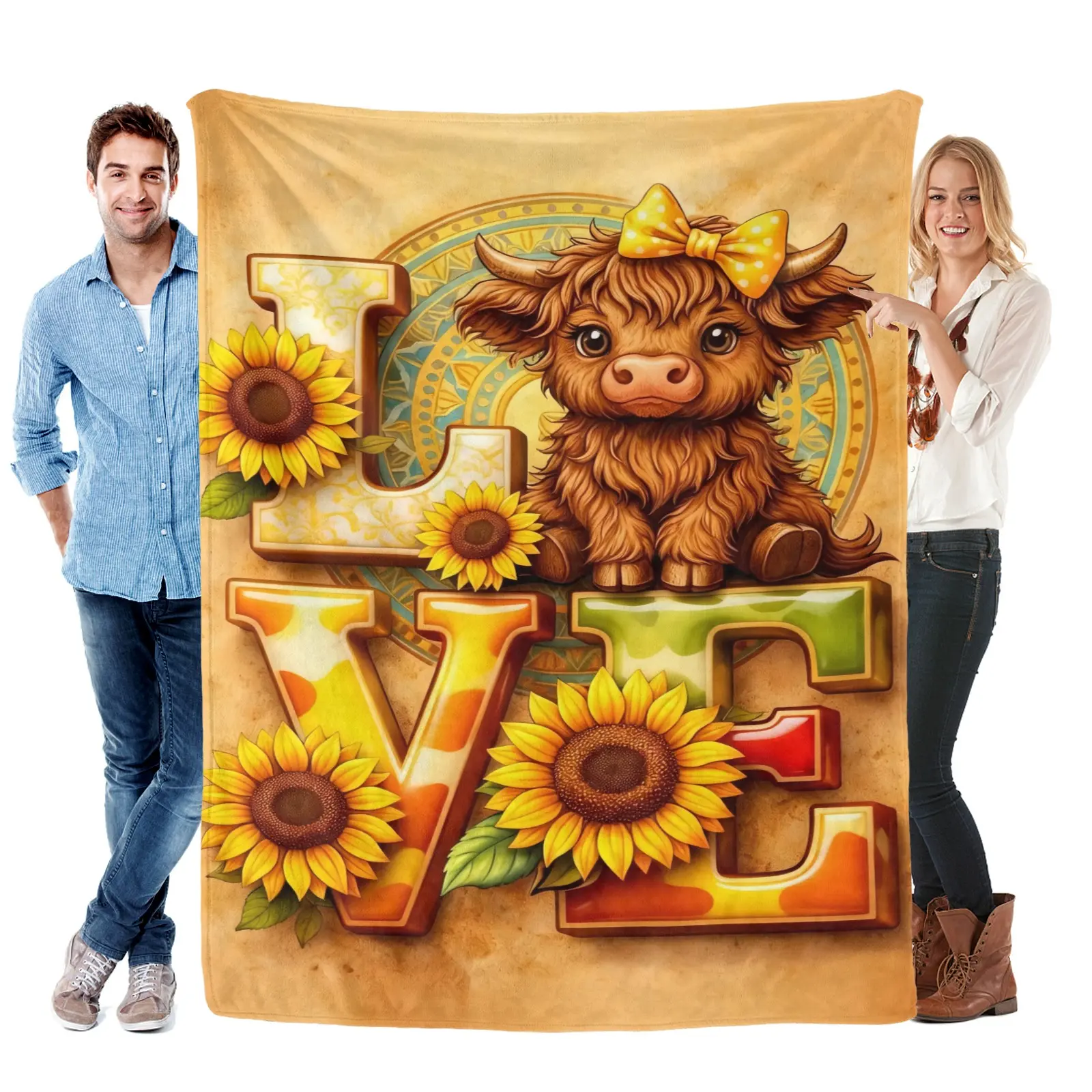 Highland Cow Love Blanket, Cute Fluffy Cow Flannel Throw Blanket with Sunflower & Bow Design, Soft Cozy Warm Blanket for Sofa Bed Couch, Rustic Farmhouse Home Decor Gift for Women Girls