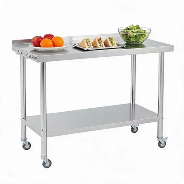 Gaomon Commercial Stainless Steel Food Prep Table Set - 48x24x35", Heavy-Duty 201 Restaurant Solid Surface Worktable with Backsplash, 4 Swivel Casters, Straight Edge Kitchen Utility Station for Indoor Use