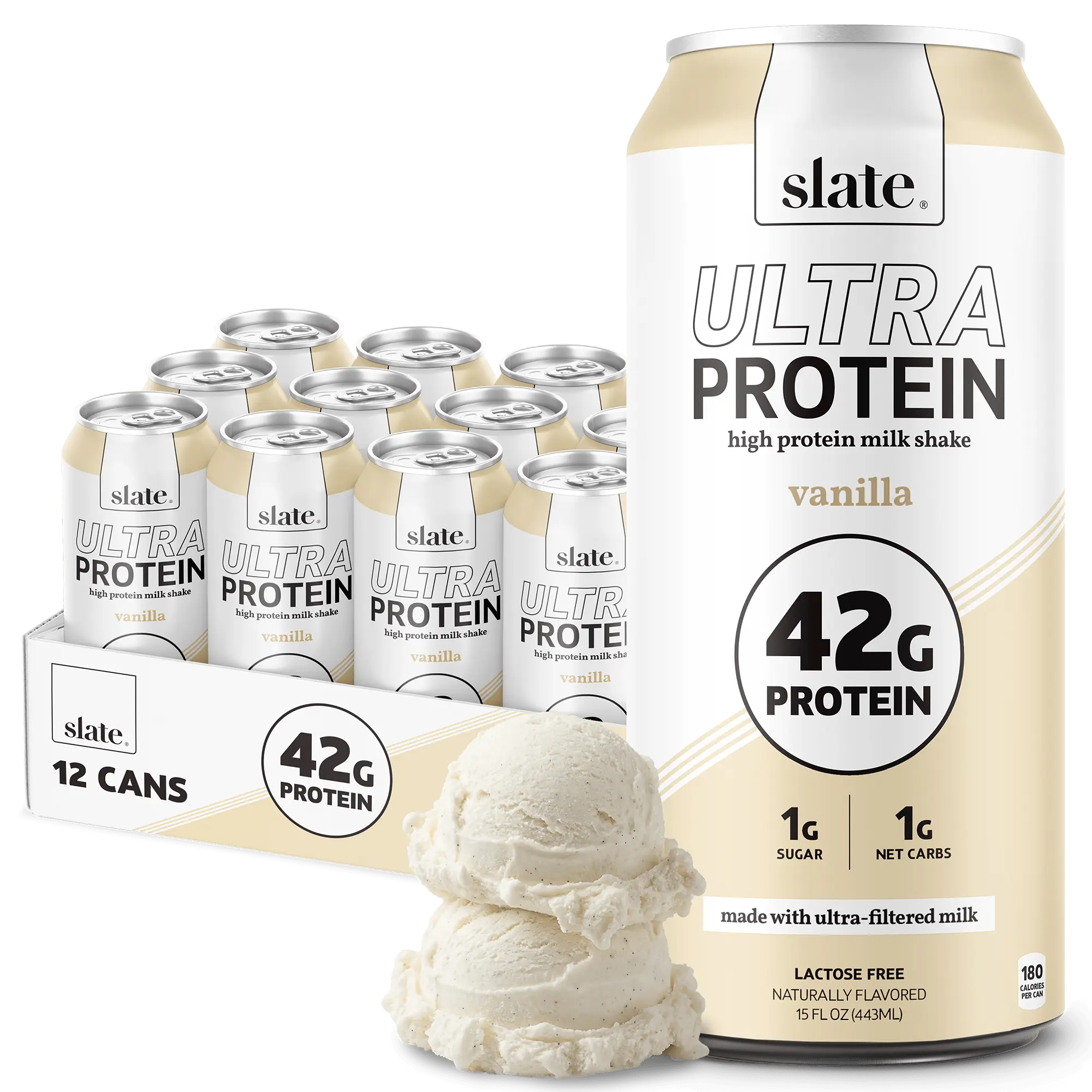 Slate Milk - Ultra High Protein Shake - Vanilla - 42g Protein, 2g Sugar, 190 Calories, 2g Net Carbs - Lactose Free - Post Workout - 15 fl oz