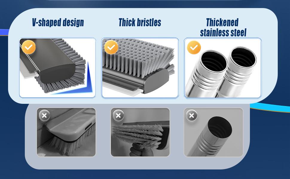 3 in 1 Floor Scrub Brush with Long Handle, Stiff Bristle Scrubber with Silicone Squeegee and Hair Removal Clip, 360° Rotating Bathroom Cleaning Brush for Tile, Grout, Shower, Tub, Glass, Wall, Kitchen and Floor Cleaning