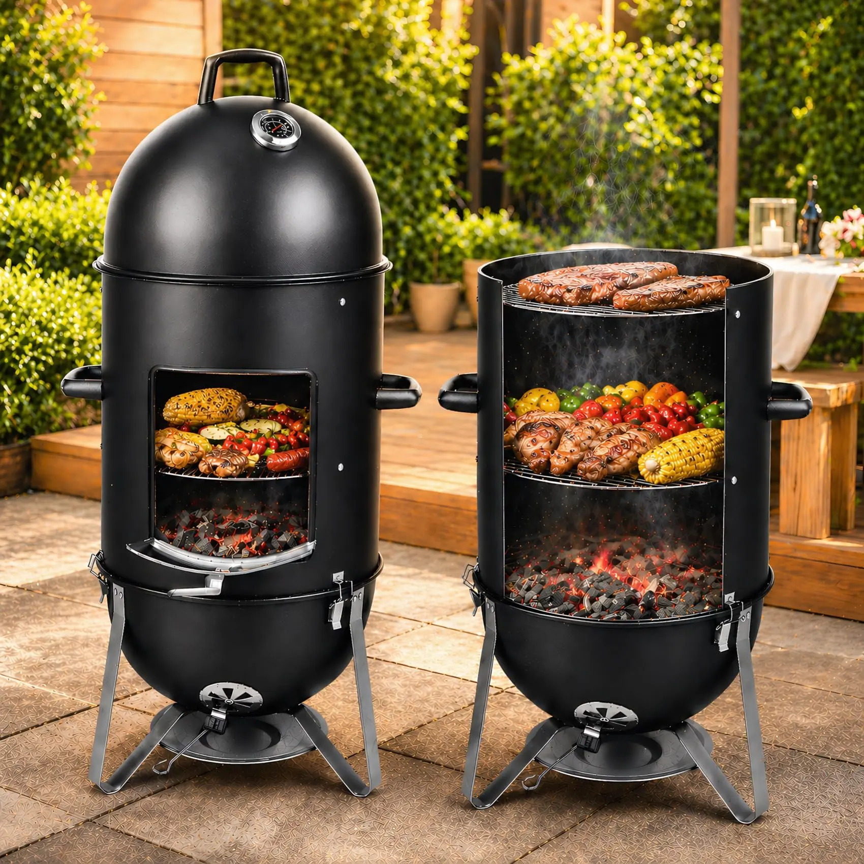 19 Inch Charcoal Smoker for Meat, Bullet Smoker, Vertical Smoker Grill for Backyard and Patio BBQ | 3-Layer Cooking Space with Built-In Thermometer and Dual Air Vents | Front Access Door and Ash Tray wood stove