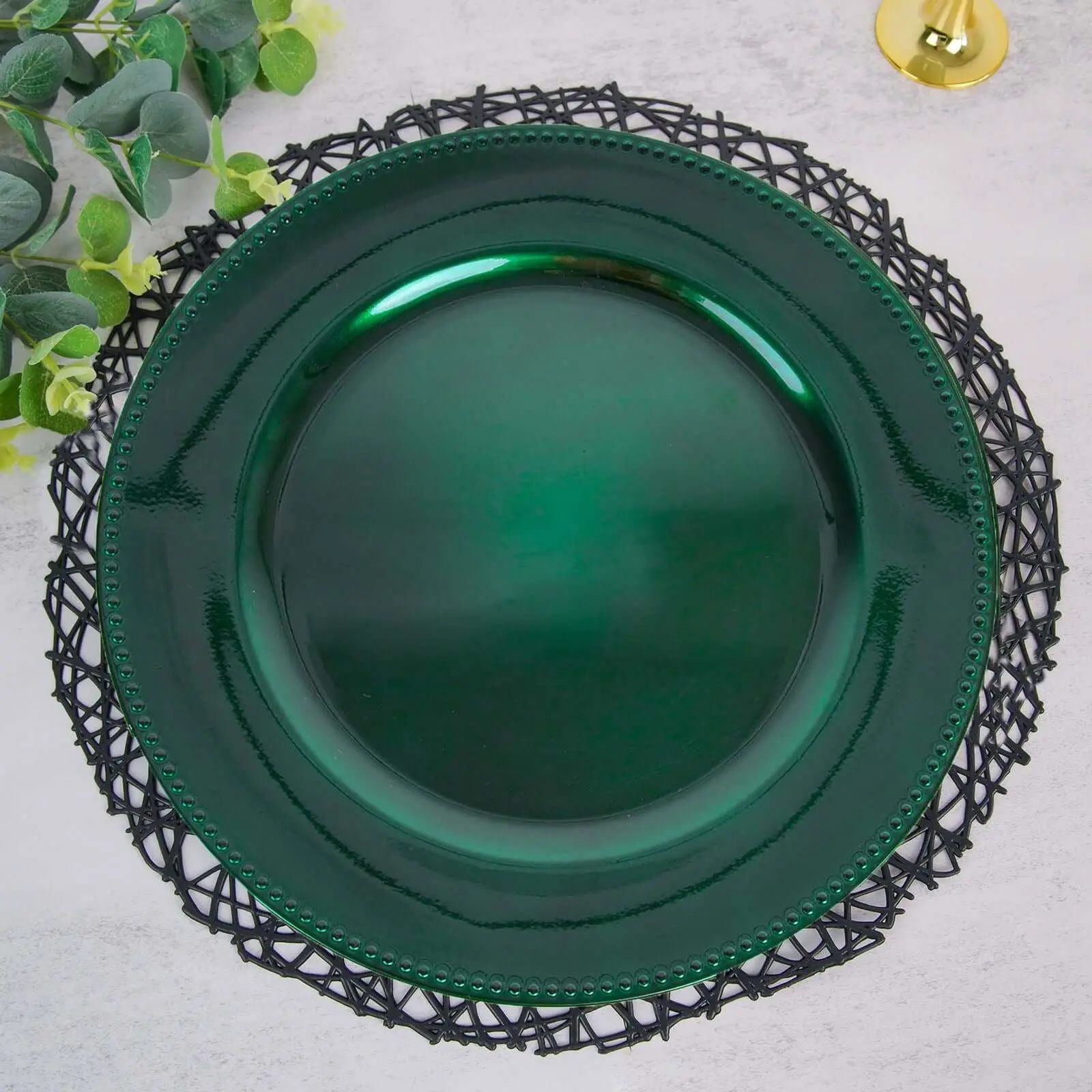 6-Pack Acrylic Plates, 13" Round Hunter Emerald Green Grooved Rim Circular Groove Design Dinner Charger Plates for Dinner Table Tabletop Decor, Round Shape