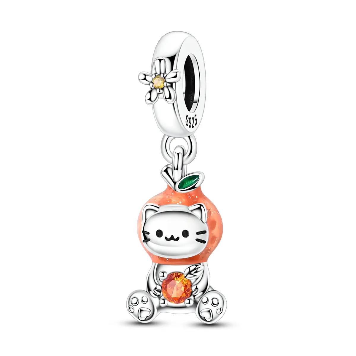 MULA S925 Silver-Plated Orange Cat Pendant Bead with Cubic Zirconia Inlay - Compatible with Pandora Bracelets, Fashion Jewelry for Pet Lovers, Gift for Women