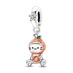 MULA 925 Silver-plated Orange Cat Pendant with CZ and Enamel - Cute Kitten Charm Beads, Coordinate with Pandora Bracelets, Great Pet Lover Jewelry Gift for Women Girls Teens, Cubic Zirconia Pendant, Kitten Design