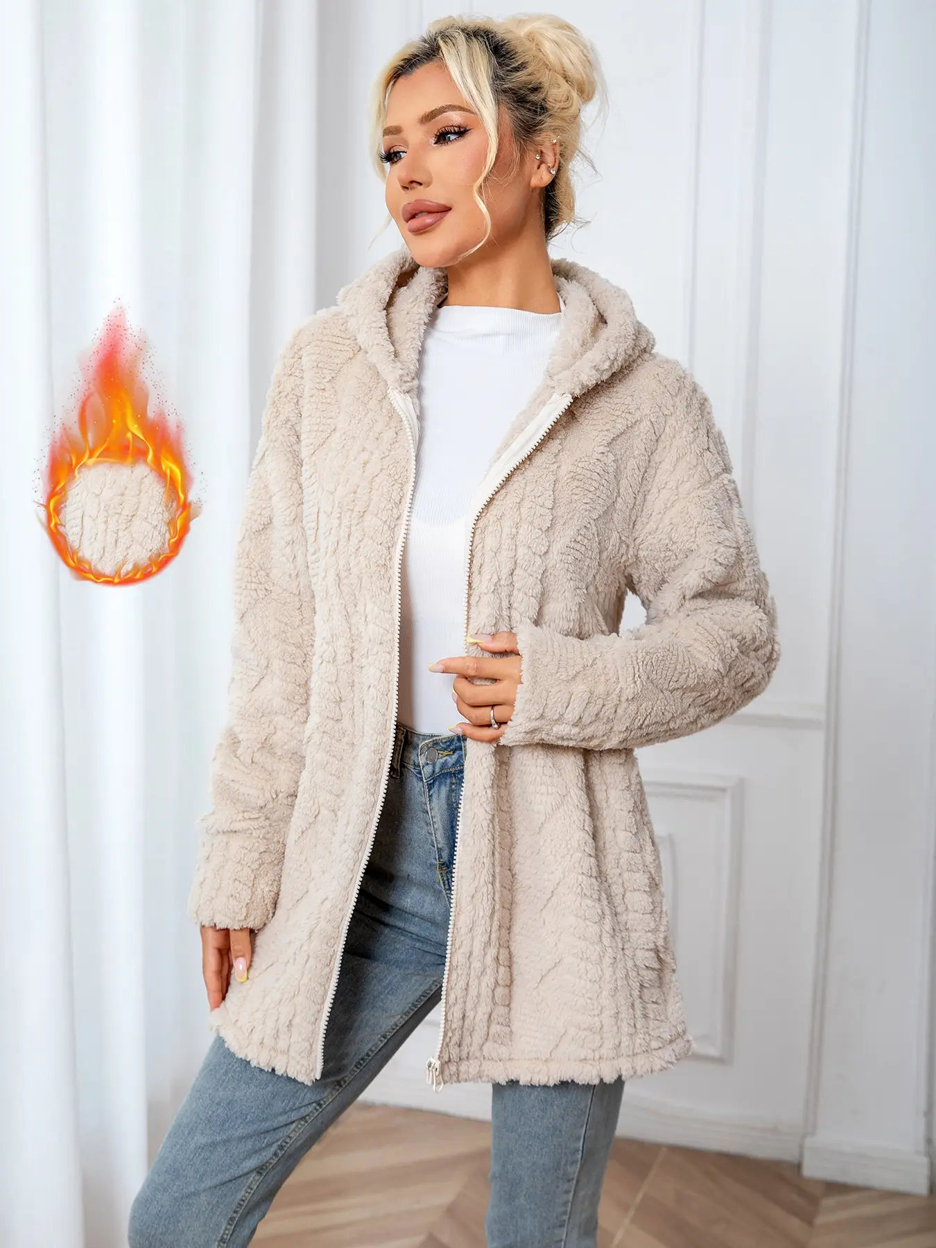 Women's Fall Winter Knit Jacquard Hooded Plush Zipper Coat, Long Sleeve Elegant Casual Loose-Fitting Thick Fabric Jacket, Plain Pattern Outerwear, Womenswear, Lady