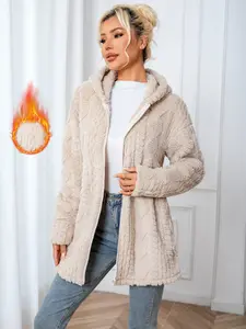 Women's Fall Winter Knit Jacquard Hooded Plush Zipper Coat, Elegant Loose-Fitting Thick Fabric Jacket, Plain Pattern Outerwear, Womenswear