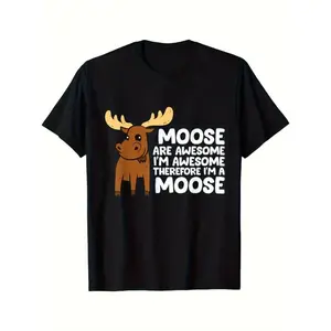 Men's Casual Moose Graphic T-Shirt - "Moose Are Awesome" Design, Soft Cotton Fabric, Short Sleeve, Round Neck, Black with White Text, Perfect for Casual Attire