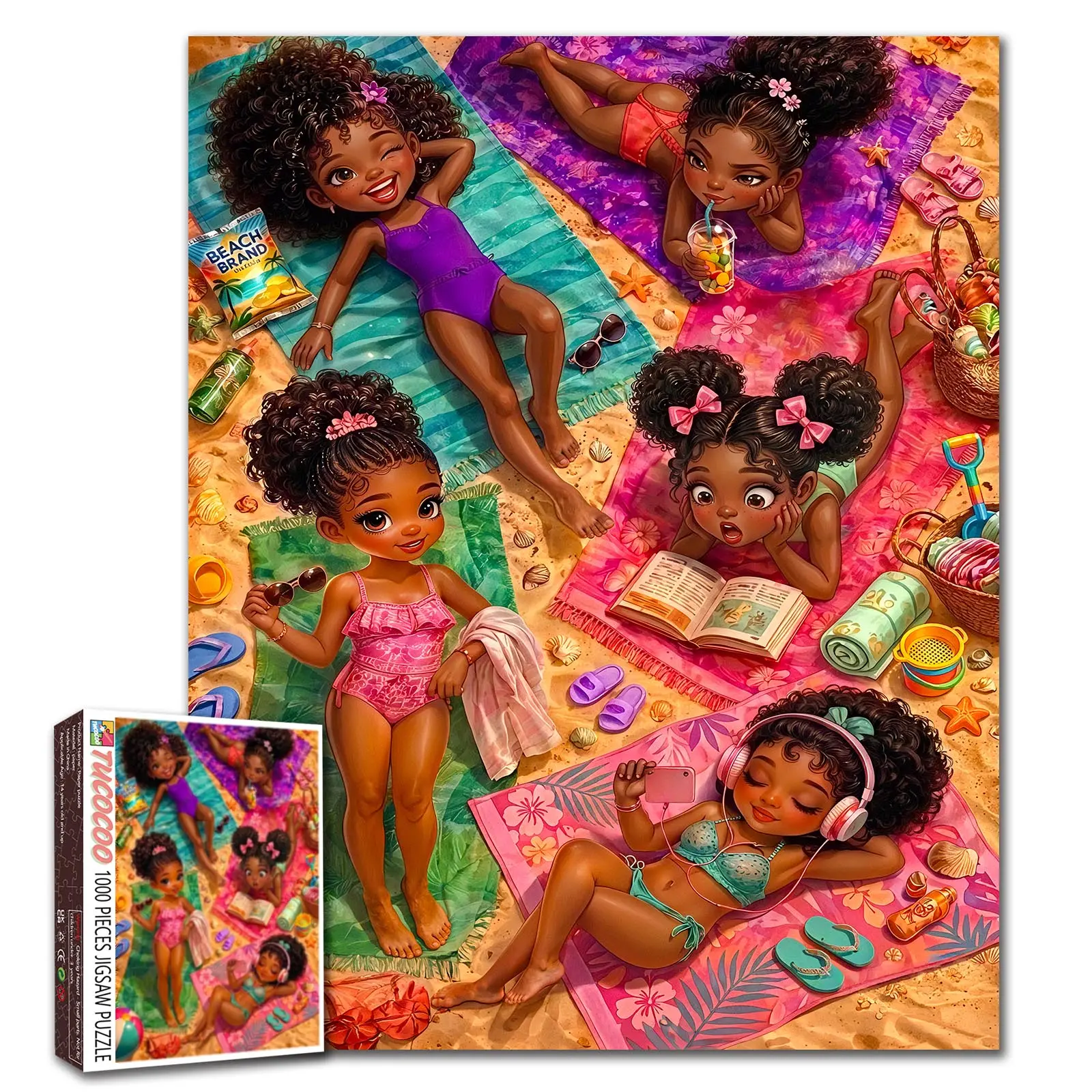 Tucocoo Cute Black Girl Summer Beach 1000 Pieces Jigsaw Puzzle for Adult, Colorful Vacation Bikini Art Relaxing Family Game Stress Relief Brain Challenge Fun Wall Decor Gift for Women Seniors Friends Beach Lovers 27.5x20inch(70x50cm)