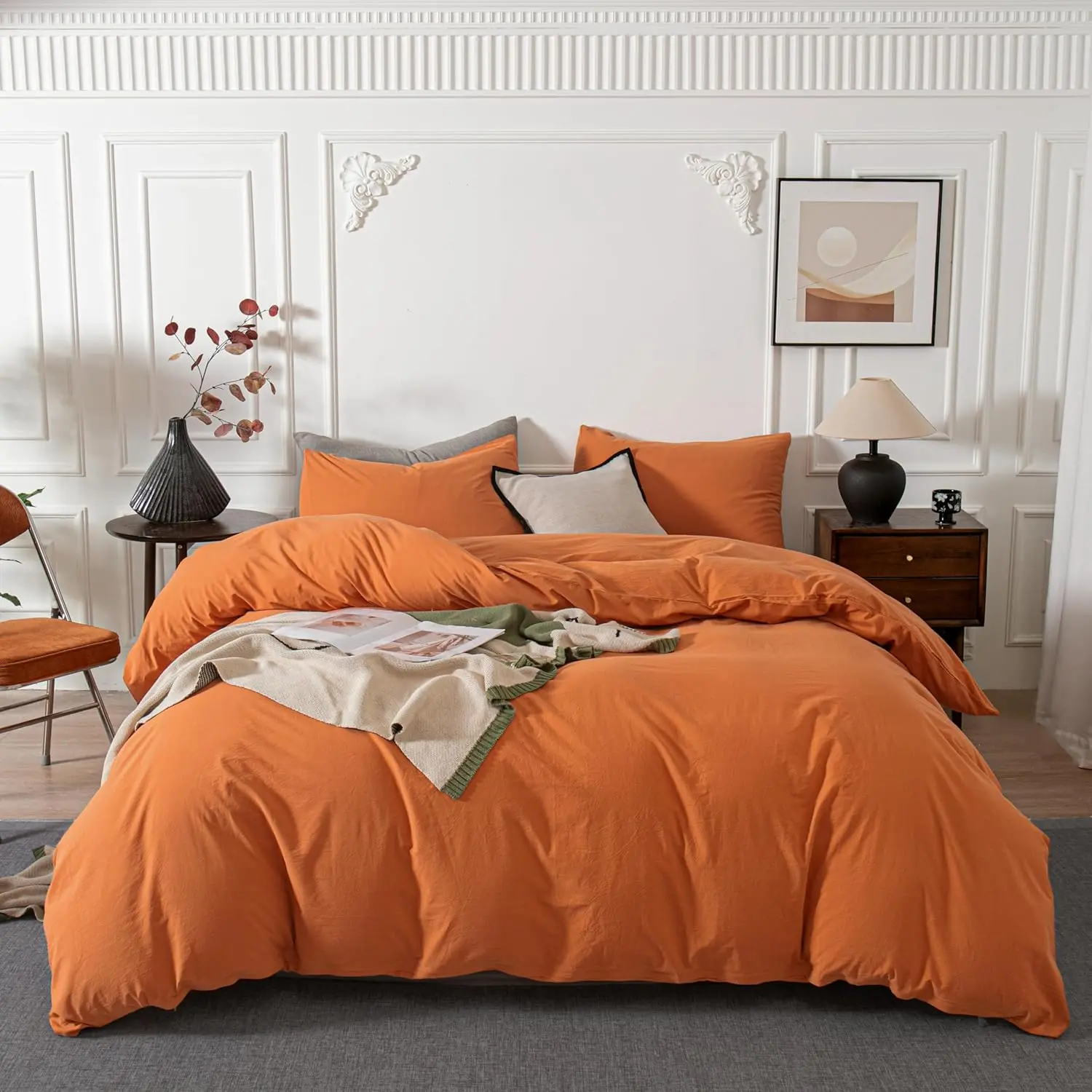 Twin Size 100% Cotton Washed Duvet Cover Set (Set of 2) - Soft, Solid Orange, Linen-Feel Textured, Breathable, Fade-Resistant, No Ironing Needed, with Closure; Care Tips- Machine Wash, Hang to Dry, Do Not Mix with Other Clothes, Do Not Use Bleach