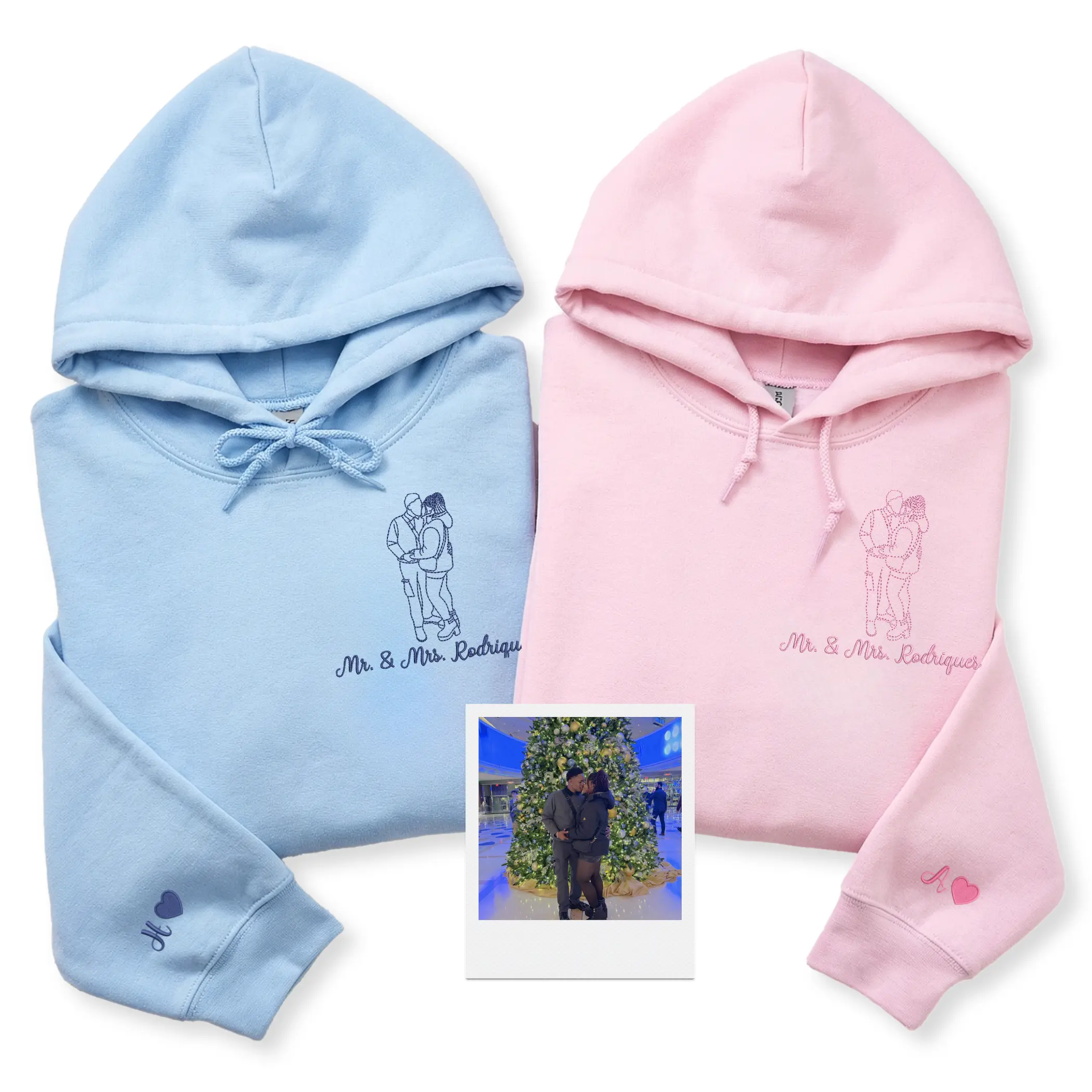 Personalized Embroidered Couple Hoodie With Custom Outline Portrait – Matching Mr And Mrs Hoodie Gift For Lovers, Anniversary Or Valentine’s Day